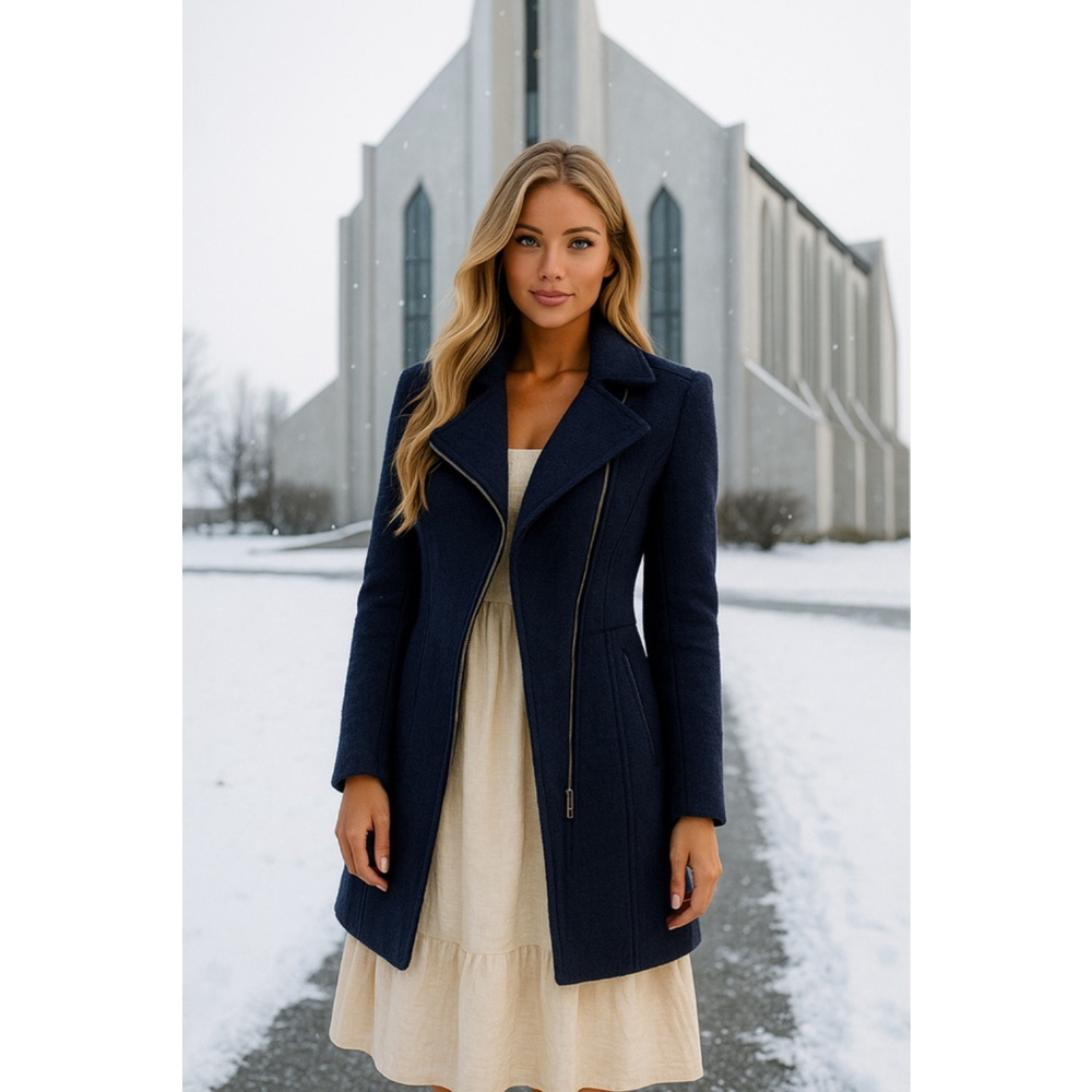 Guess Los Angeles Wool Coat Navy Asymmetrical Zip Quiet Luxury Cottagecore Trend